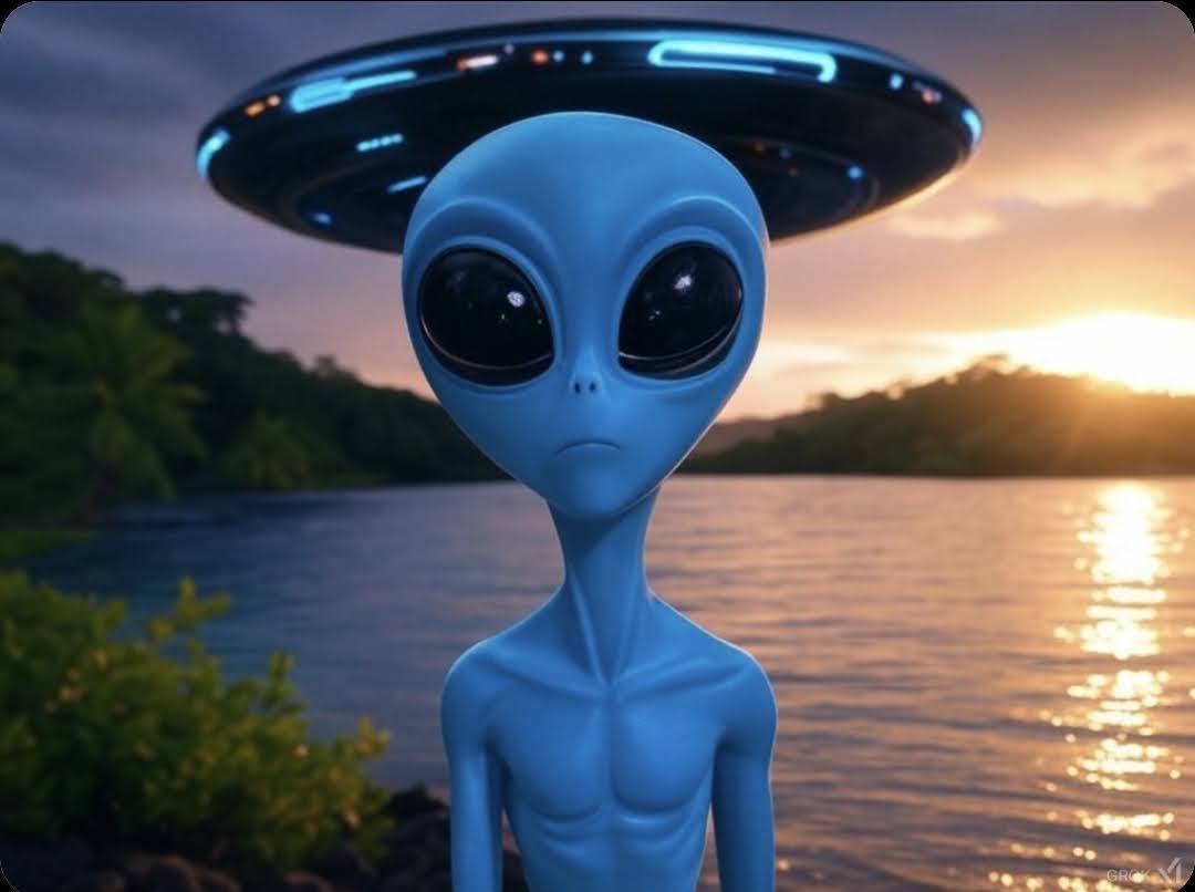 A blue alien standing by a lagoon at sunset under a glowing flying saucer