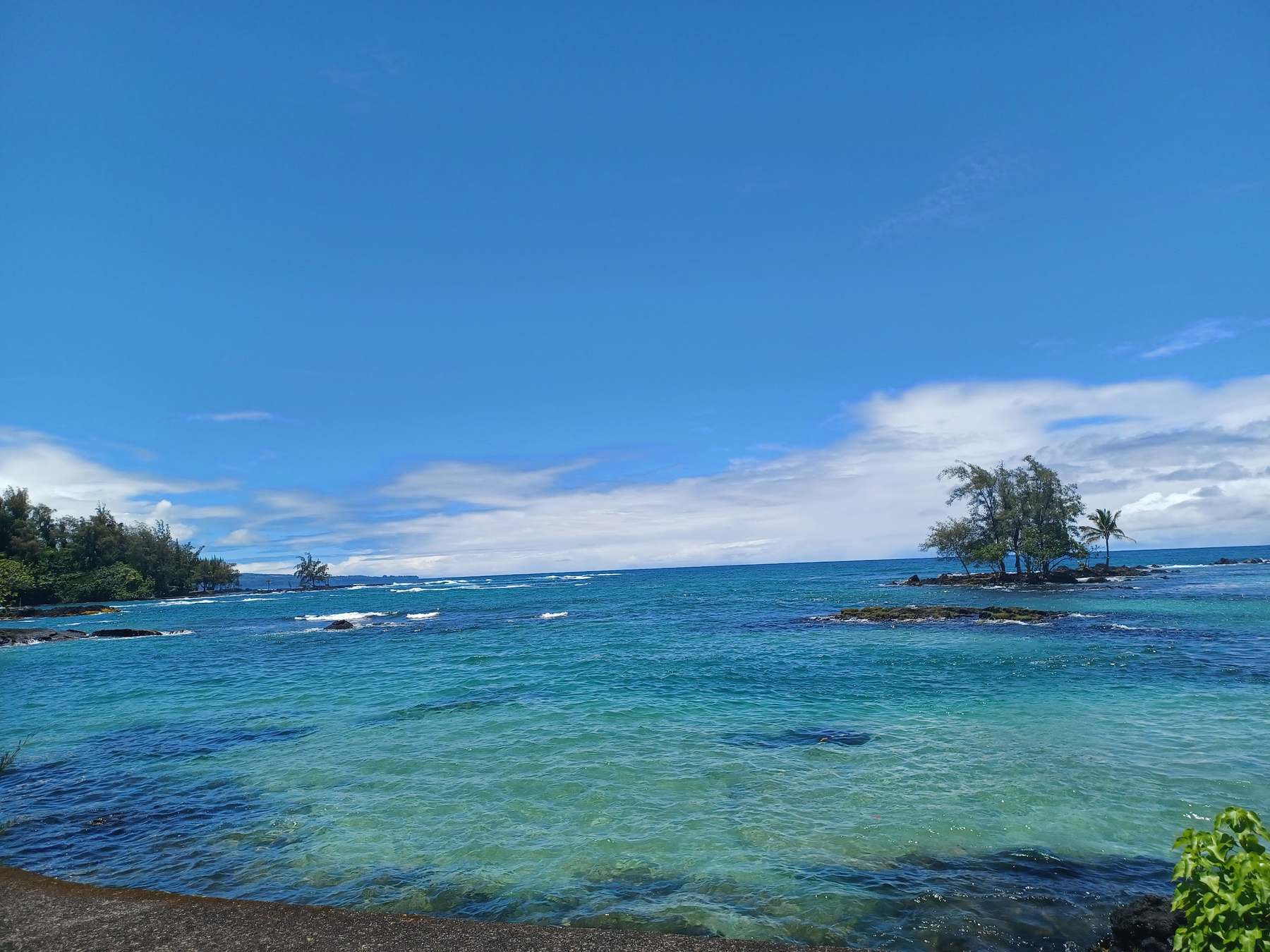 Blue lagoon under a wide sky, a small island with trees on the horizon