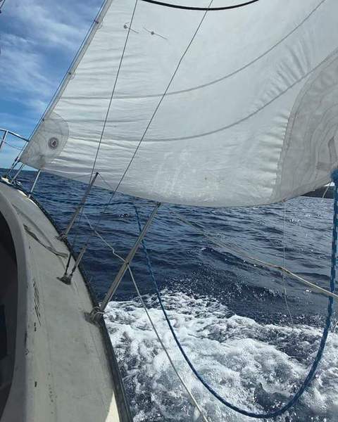 A sailboat heeling over, white sail above deep blue water